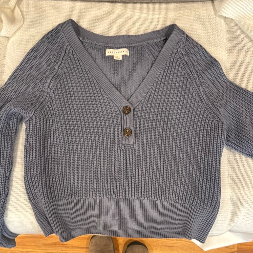 Aeropostale Blue Grey V-Neck Ribbed Sweater